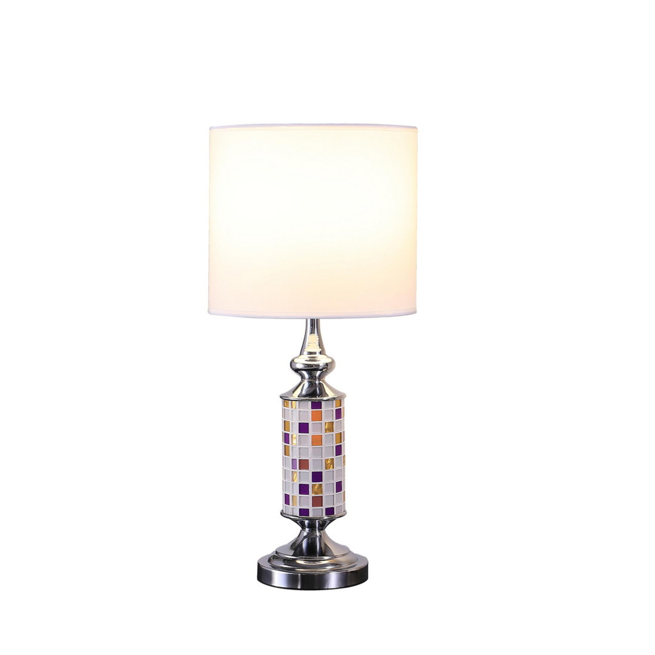 Noble House Vicki 24" Glass Mosaic Table Lamp, Chrome Base, White Drum Shade, E26 Light Bulb, Silver
