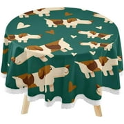 SKYSONIC Cute Basset Hound Dog Round Tablecloth 60inch with Lace Indoor Wrinkle Free, Cartoon Heart Circular Table Cover Washable Farmhouse Tabletop for Kitchen Dining Decor
