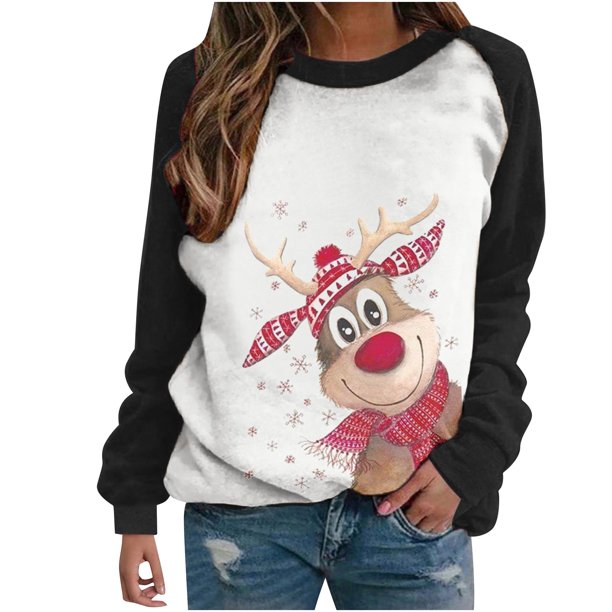 Tops Navideños Para Mujer Blusas de Manga Larga Camiseta Informal Con Cuello Redondo Odeerbi ODB184015