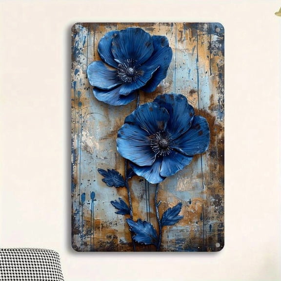 1pc Vintage Metal Wall Art Sign - Rustic Farmhouse Decor with Two Blue Flowers, Heavy-Duty Metal Construction, Easy Hang Pre-Drilled Holes - for Home, Garden, Porch, Bar, Cafe - No Wiring Needed