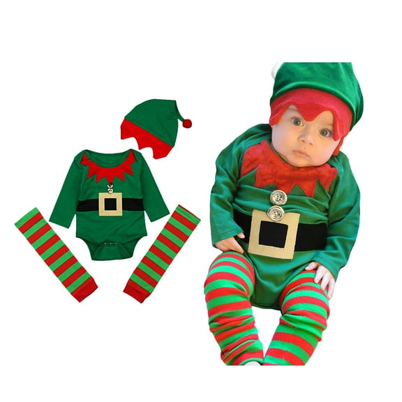 Elf Outfit Toddler Long Sleeve Elf Bodysuit Hat Set Party Dress Baby First Christmas Outfit 18-24 Months
