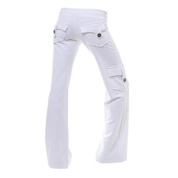 QUYUON Pull-on Cargo Pants for Women Stretch Comfy Waist Full Length Pants Drawstring Mid Waisted Cargo Pants Buttons Pockets Work Out Yoga Pants Casual Loose Long Pants Trousers White XL