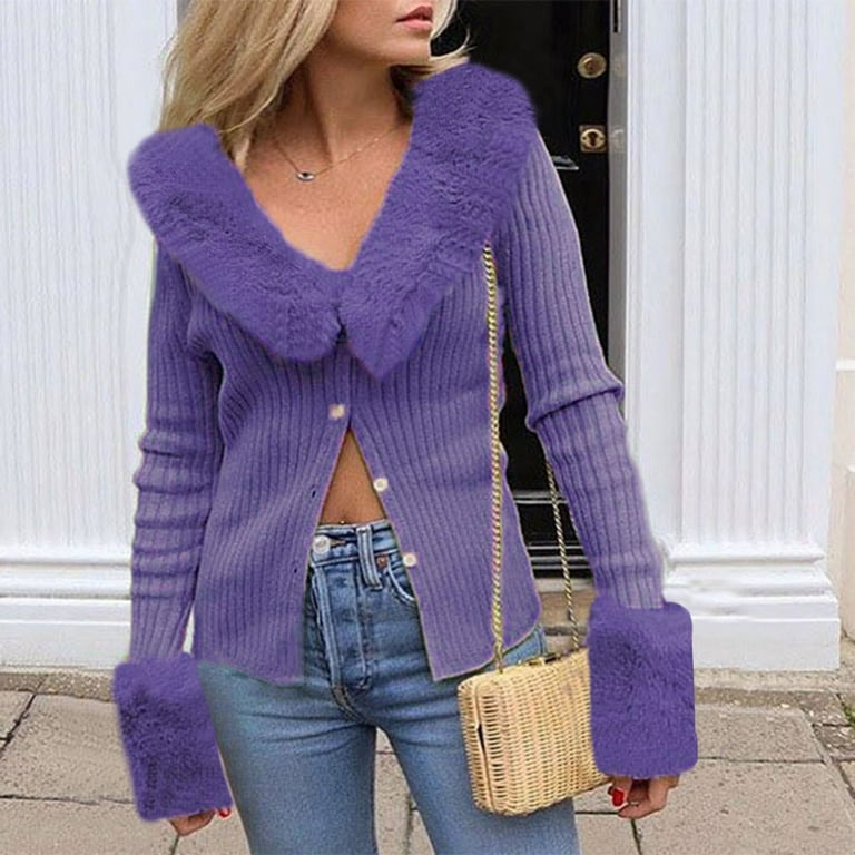 XFLWAM Women Long Sleeve V-Neck Cropped Knit Cardigan Sweaters