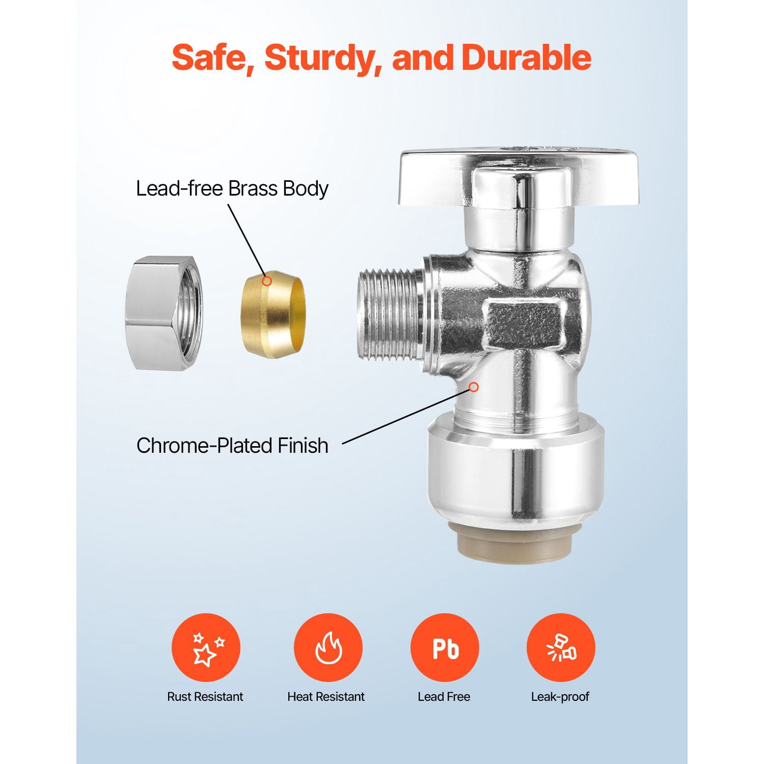 Angle Stop Valve 10-Pack, 1/2" PTC Push-to-Connect Inlet to 3/8" OD Compression Outlet, Lead-Free Brass with Chrome Finish, 1/4 Turn Shutoff for Water Control