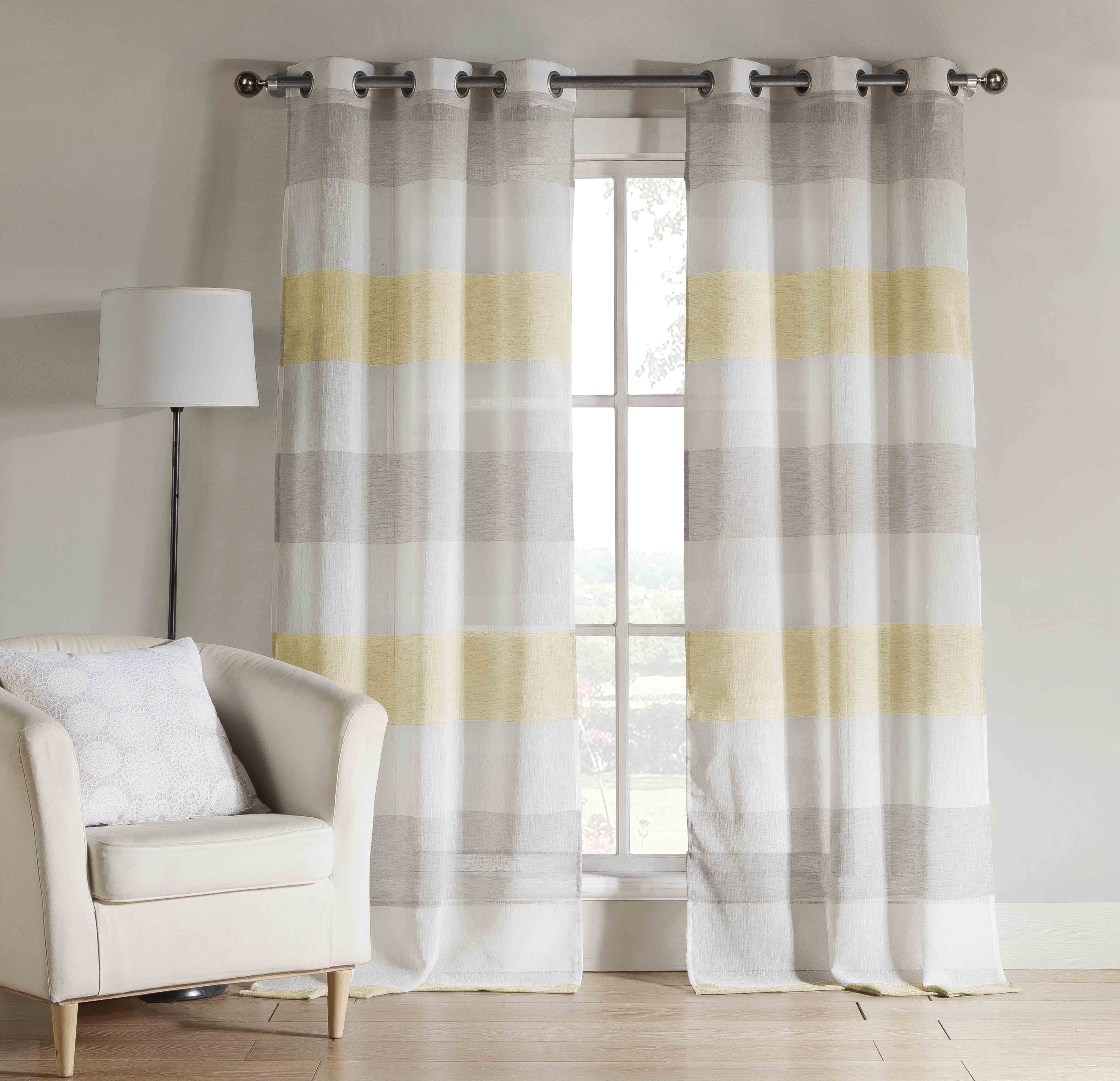 Set of Two 2 Gray  Yellow  and White Sheer Window Curtain  