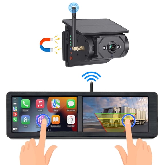 WheelX Wireless Backup Camera for RV, Dual Portable Touchscreen with Apple CarPlay/Android Auto - 9600mAh Solar Magnetic HD 1080P Rear View System for Large Vehicle Truck Trailer Camper Pickup Revers