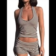 thumbnail image 1 of Conjuntos de 2 Piezas para Mujer: Conjuntos de Estar por Casa A Juego, Top con Lazo y Cuello Halter, y Pantalones Cortos de Cintura Alta. Marrón y M, 1 of 8
