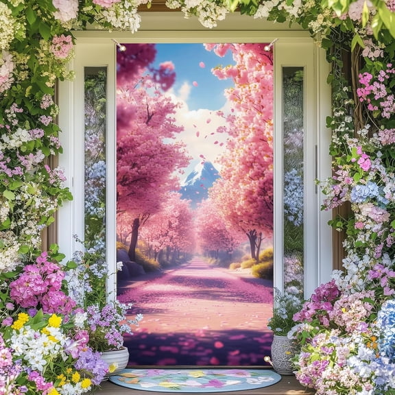 Polyester Door Cover Indoor Outdoor Home Decor Rectangle March Cherry Blossom 1850x900mm