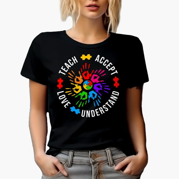 Teach, Accept, Love, Understand, World Autism Awareness Day, Black T-Shirt, Small