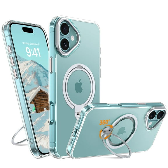 DUEDUE iPhone 16 Plus Case With Stand 6.7", 360° Rotating Ring KickStand Compatible With MagSafe, Magnetic Slim Matte Shockproof Case for iPhone 16 Plus, Clear
