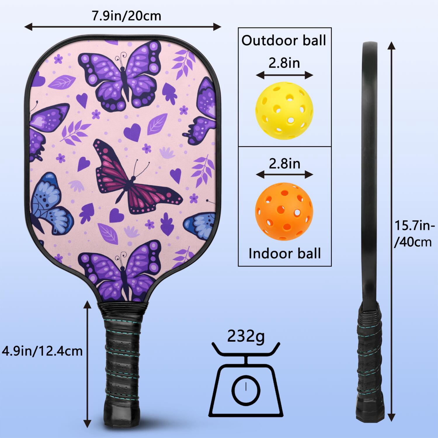 Pickleball Paddles Set Of 1, Fiberglass Surface, Boho Butterfly Decor, 1 Paddle, 2 Balls & Bag