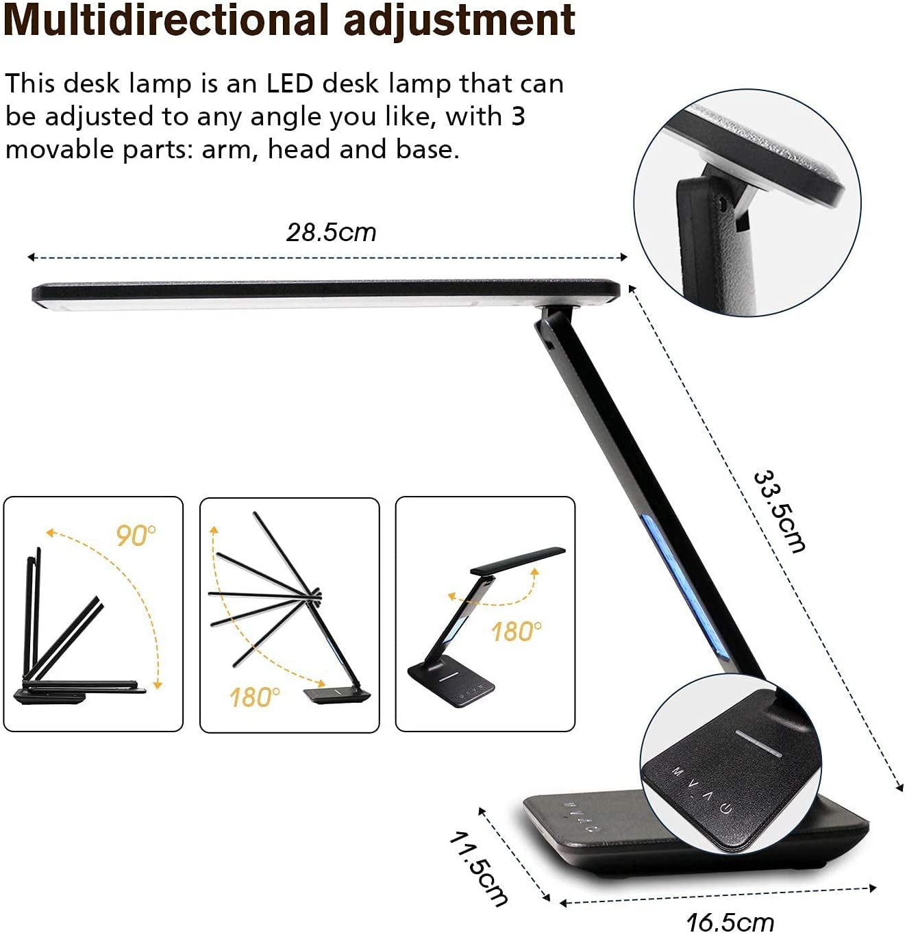 LED Desk Lamp with Wireless Charger and USB Port, Foldable, Clock and Alarm, 5-Level Dimming, Black