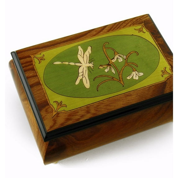 Tranquil Olive Green and Wood Tone Dragonfly Music Box - Strangers in the Night