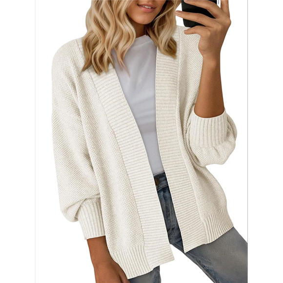 Women's Fall Fashion: Front-Open Long-Sleeved Knitted Cardigan Sweater Cream White L