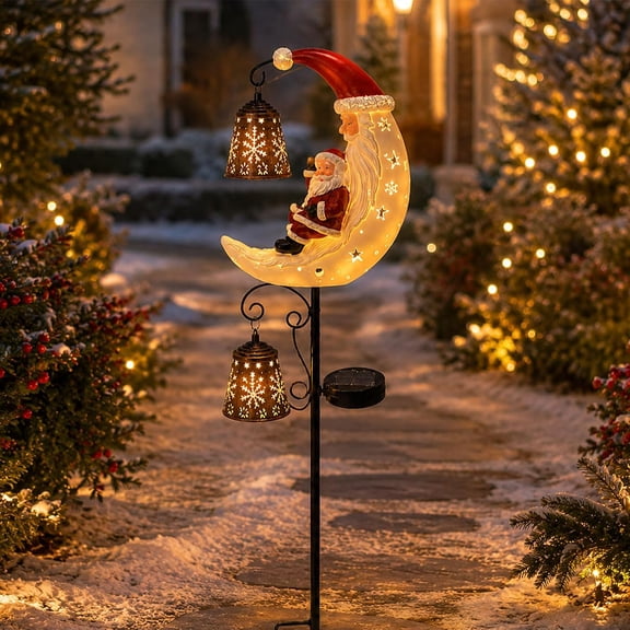 Christmas Santa Moon Solar Garden Stake Light, Waterproof Half Moon LED Pathway Light for Outdoor Garden Yard Patio Lawn Decor (31.5in High)