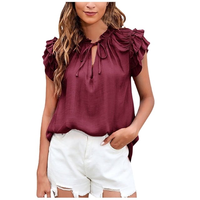Timegard Woemns Tops Ruffle Tie Front Short Sleeve V Neck T Shirts Casual Fashion Solid Color Blouses