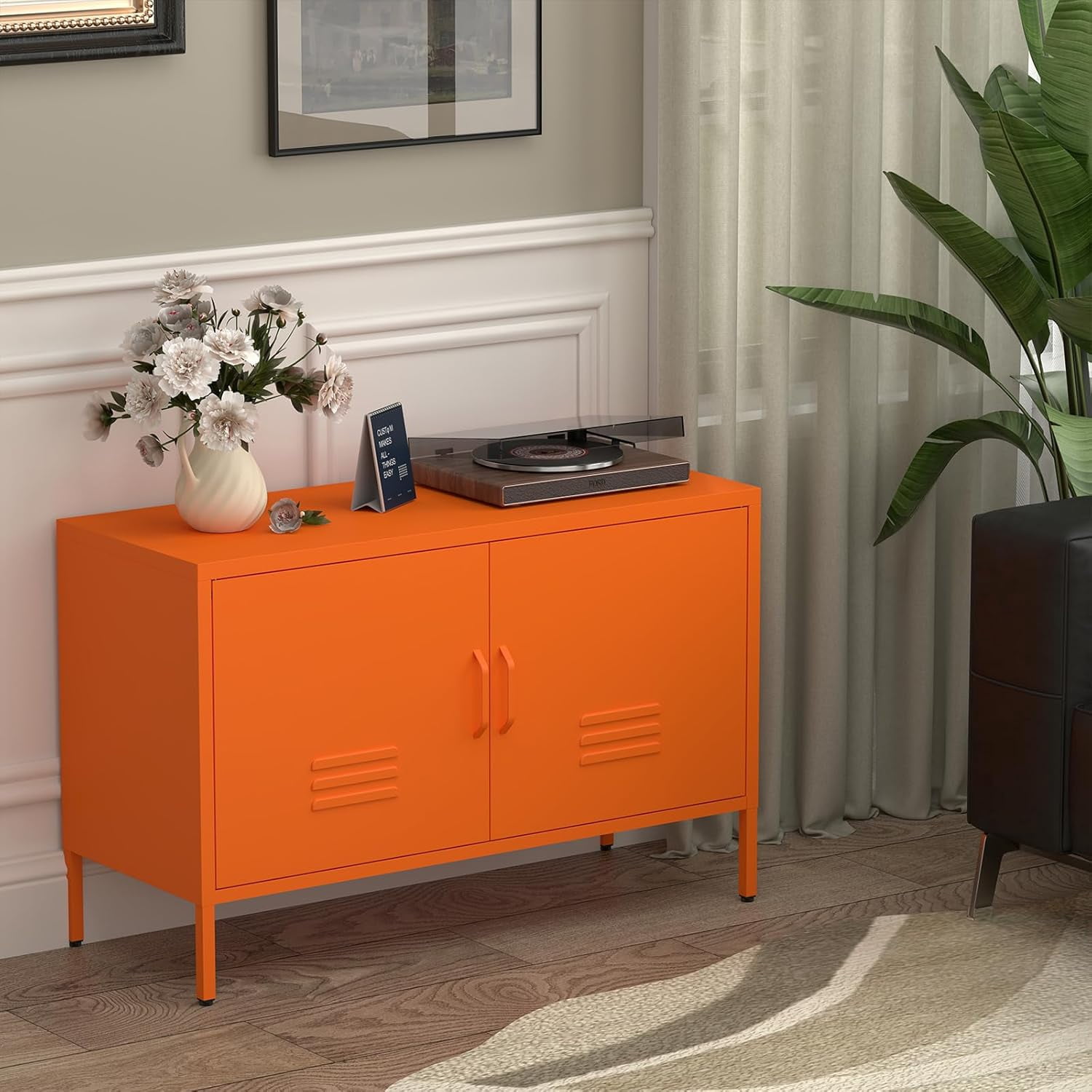 Marcree Metal Storage Cabinet,TV Stand Locker Cabinet, Wide Metal Accent Cabinet with 2 Door, 2-Tier Lockable Storage Cabinet, Orange