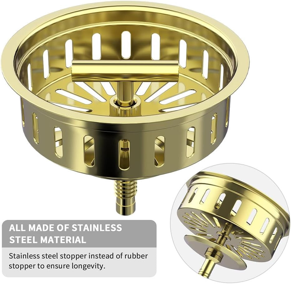 3-1/2 Inch Kitchen Sink Drain Assembly Stainless Steel Gold Kit with Strainer Basket/Rubber Stopper, Rustproof Durable Gold Finish Replacement for Standard Commercial Sink Drains