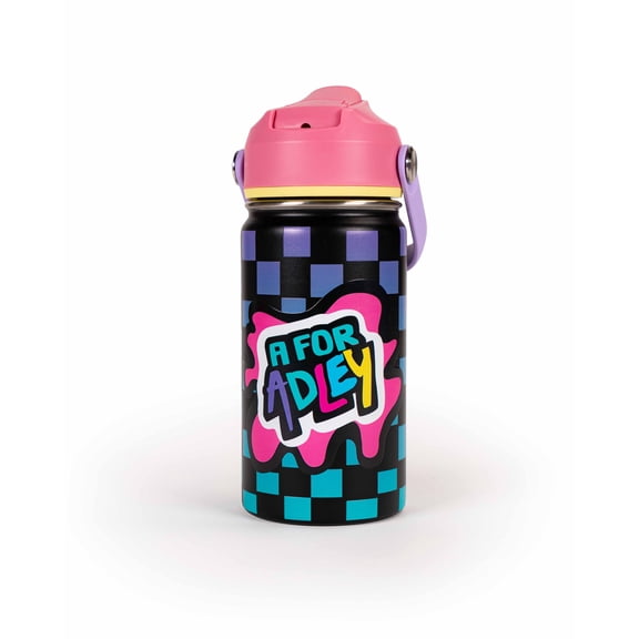 A for Adley Back to School Water Bottles Collection From 2025. 12oz Stainless Steel Insulated Water Bottles With Bottle Cleaner (Adley's Awesome Checkered)