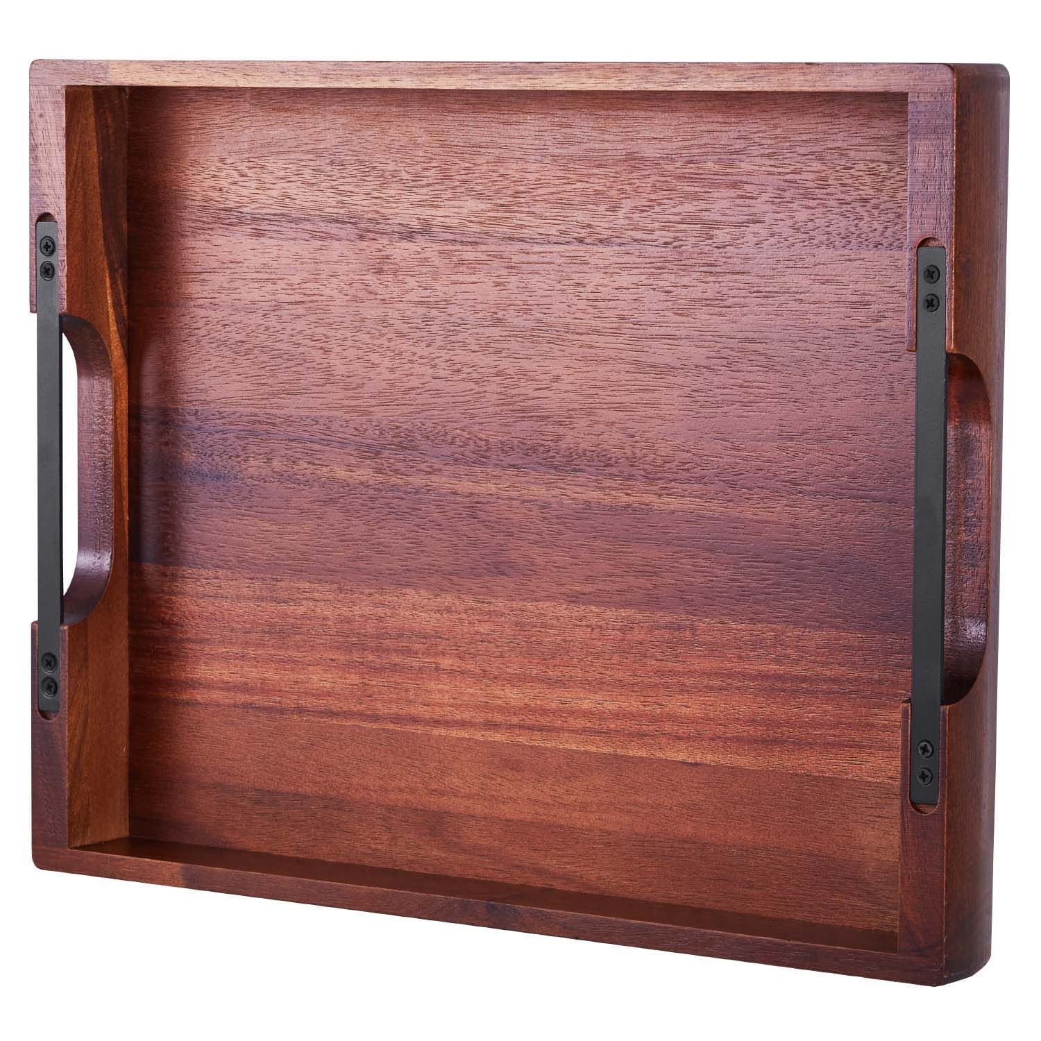 Wooden Serving Tray 17x12.2x1.97 Inch, Acacia Wood with Iron Handles, Durable Bonded Assembly, Versatile for Dining Table Kitchen Living Room Bar