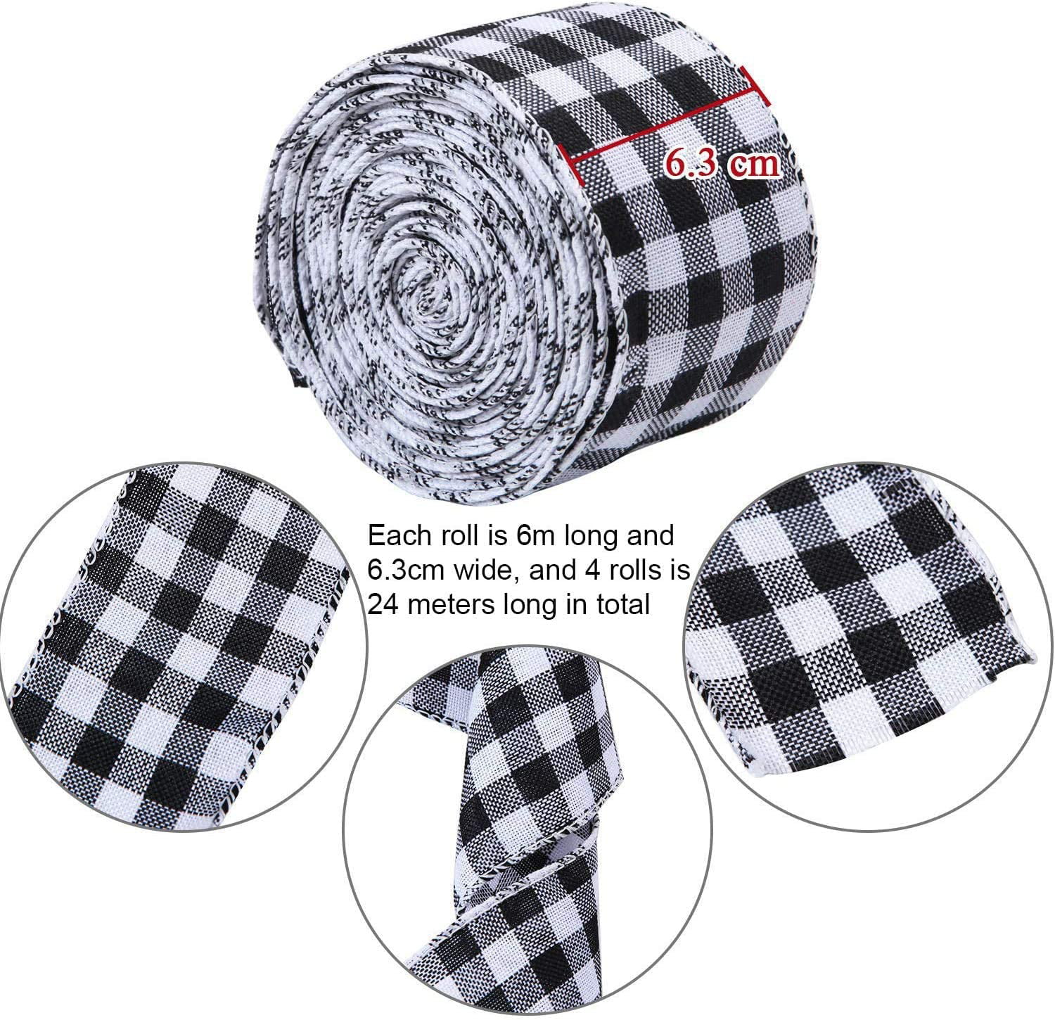 White and Black, 6.3cm x 6m Christmas Wreaths Craft 4 Rolls White and Black Plaid Burlap Christmas Wrapping Ribbon Gingham Christmas Tree Bows Wired Plaid Ribbon for Crafts Decoration