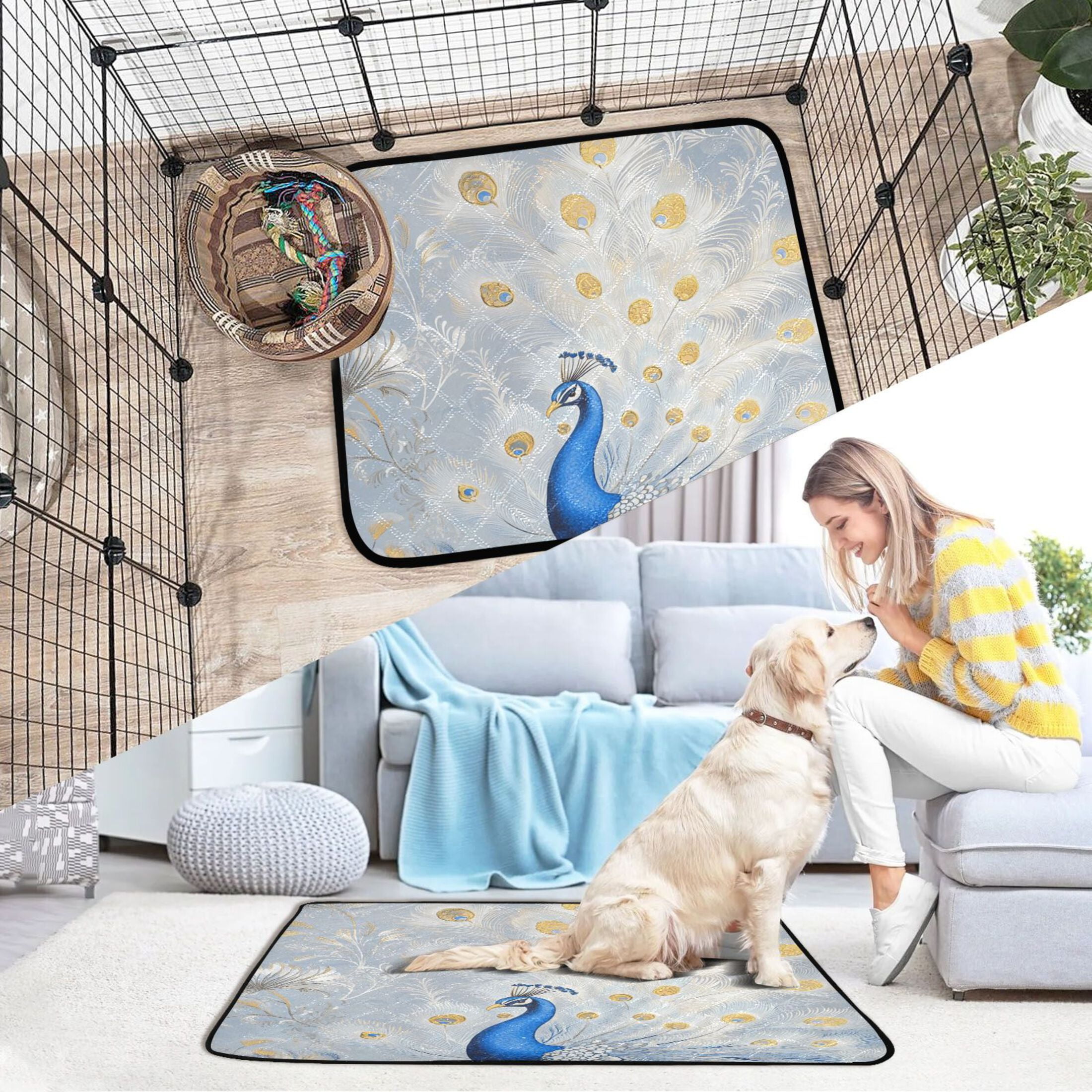 Qxltty Blue Peacock Cat litter Pads Pet Set of 2 Diaper Mats Center Anti-leakage Layer Absorbent Soft and Comfortable