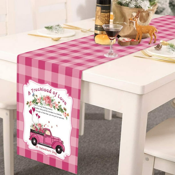 Valentines Day Table Runner 13x70 Inch with Red Buffalo Plaid, Happy