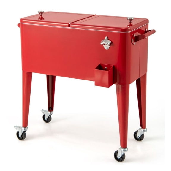 Red Patio Cooler Cart, 80 Quart Rolling Outdoor Beverage Tub, Portable Party Cooler with Bottle Opener & Cap Catcher, A3 Steel, 36"L x 18.3"W x 33.5"H