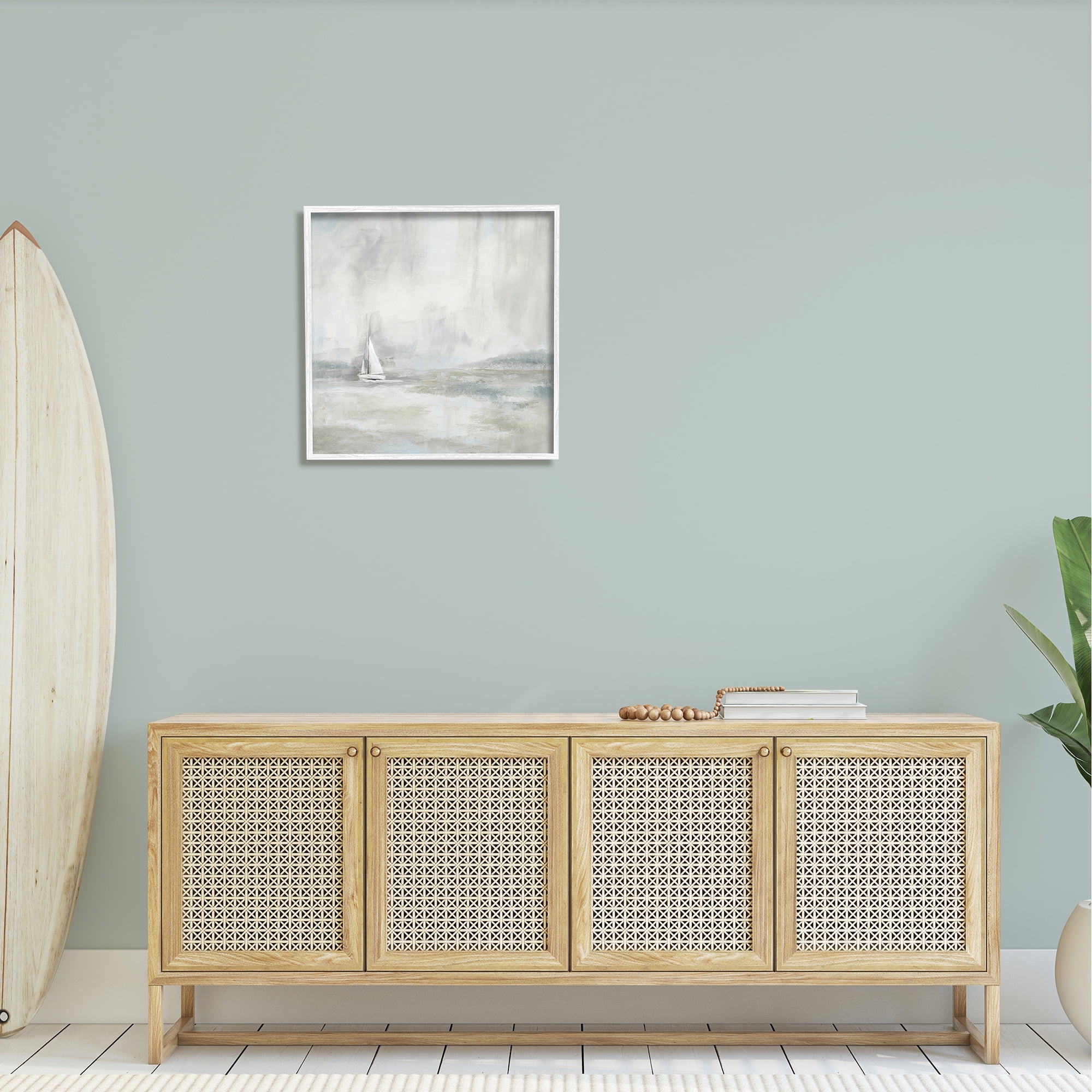 Stupell Industries Abstract Sailboat Drifting Ocean Waves Beige Neutrals Framed Wall Art, 24 x 24, Design by Daniel Sproul
