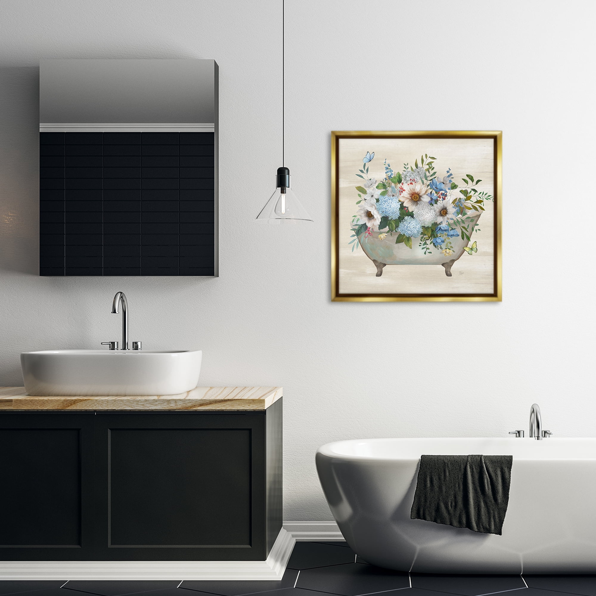 Stupell Industries Floral Bouquet Bathtub Typography Painting Gold Floater Framed Canvas Art Print Wall Art, 25 x 25