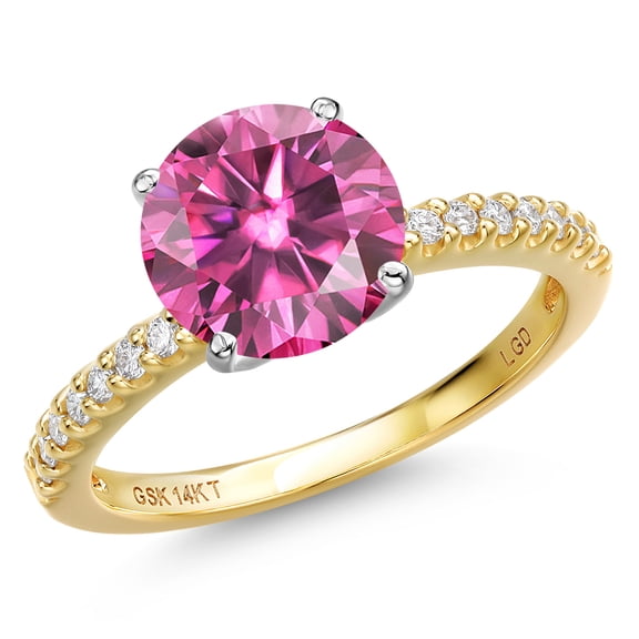 Gem Stone King 14K Two Tone Gold Pink Moissanite and Lab Grown Diamond Engagement Ring for Women | 3.59 Cttw | Round 10MM | Gemstone Birthstone | Size 8