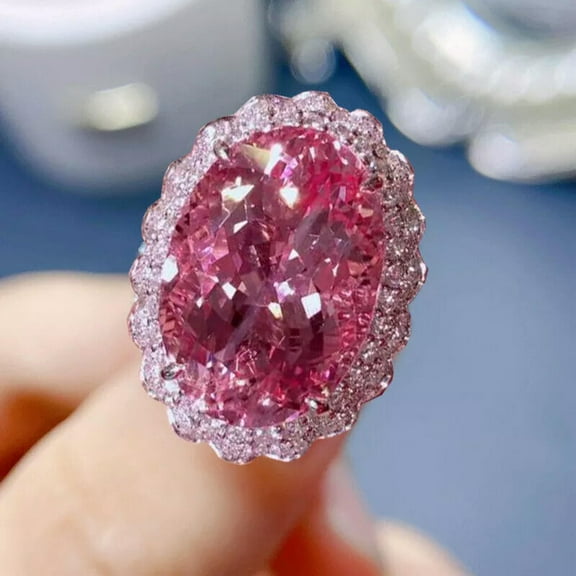 K-KED New 18mm Big Gemstone Charm Pink Topaz Luxury Women Girl Delicate Jewelry Silver Ring