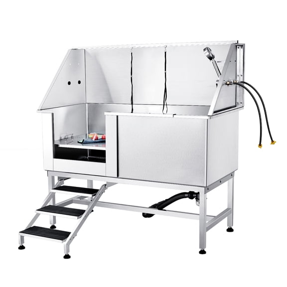 KFFKFF 62" Dog Wash Station with Stairs, Durable Stainless Steel Pet Bathing Tub, Includes Soap Holder, Faucet & Accessories, Suitable for Large to Small Dogs, Home Use Washing Basin (Left)