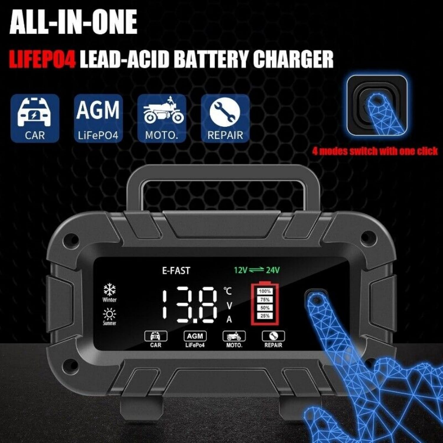 20A E-FAST Smart Car Battery Charger 12V/24V Auto Trickle Maintainer for Truck LiFePO4