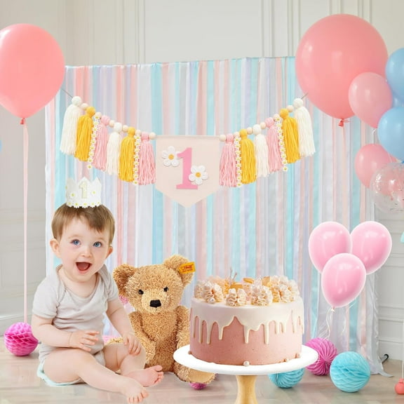 Baby Girl Highchair Banner - Pink Banner for 1st/First Birthday Decoration, Cake Smash Photo Prop, Gold one Birthday Sign