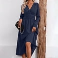 thumbnail image 4 of Guieoi Womens Dresses Long Sleeve Solid-Color High-Waisted Pleated V-Neck Dress Midi Dress Blue XXL, 4 of 8