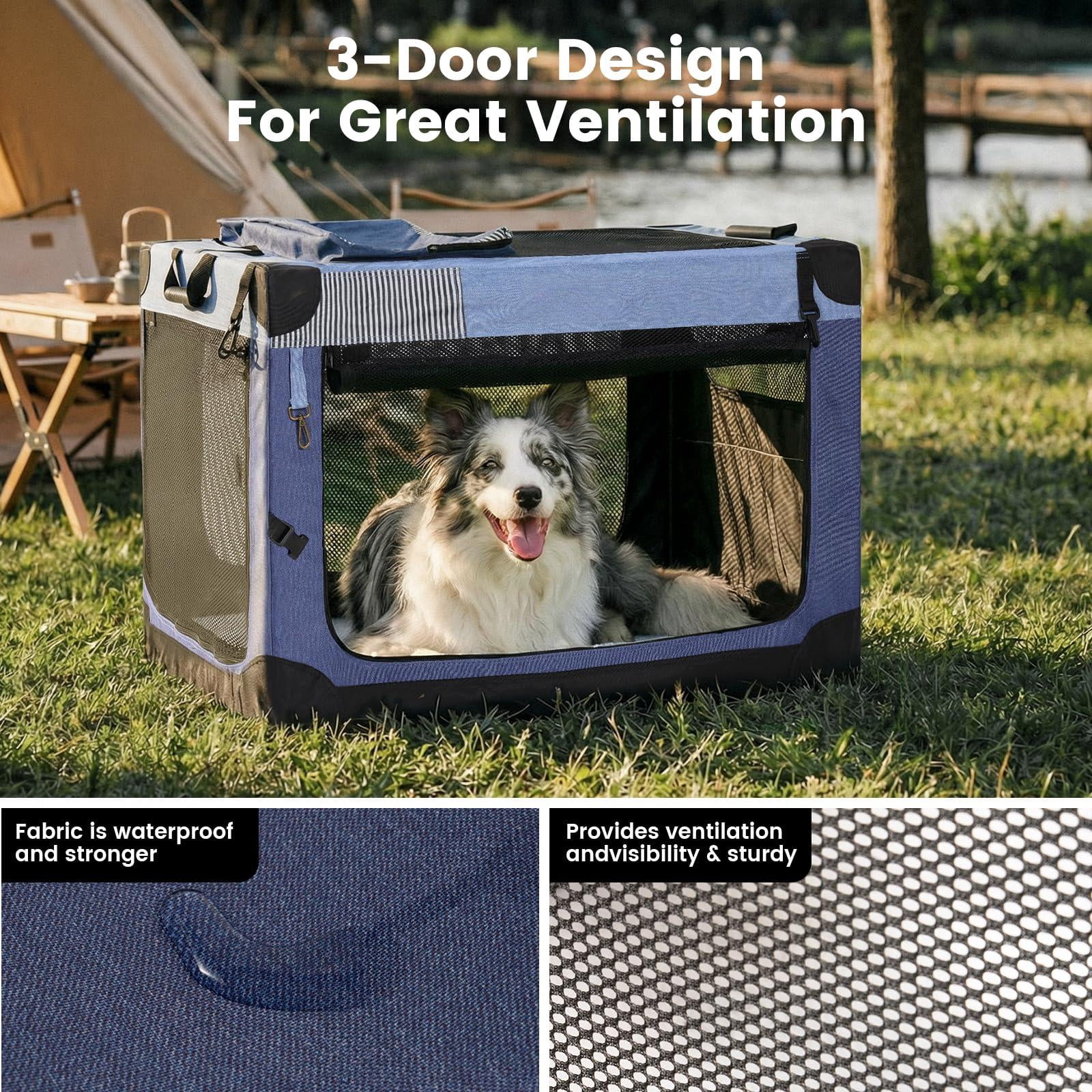 Soft Collapsible Dog Crate - 26 Inch Portable Travel For Puppy/small Dogs Indoor & Outdoor  3-door With Durable Mesh Windows Storage Bag Blue