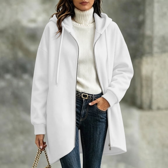 IUYRTFE Women's Hooded Zip Up Mid Length Sweatshirt Jacket with Pockets Casual Relaxed Fit Coat