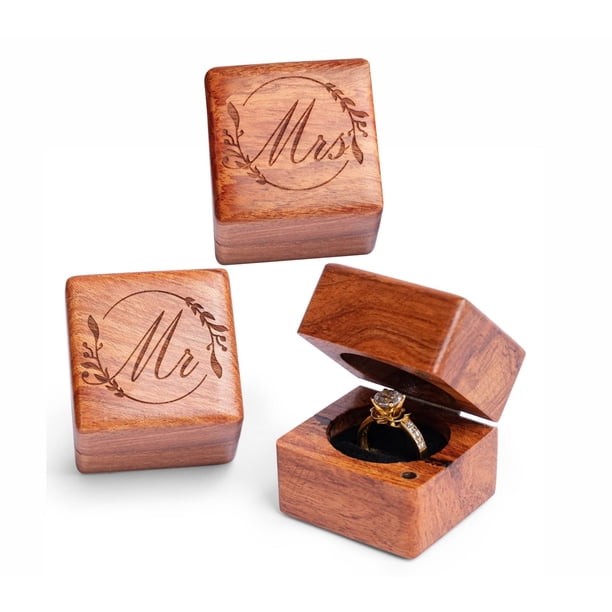 Caja de Anillos Artesanal de Madera Sr. y Sra. para Ceremonia de Boda