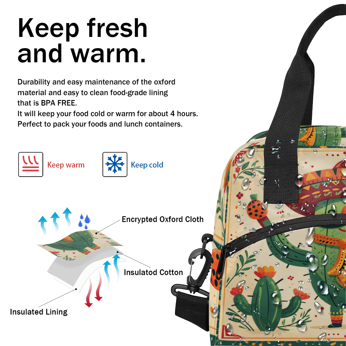 Herdesigns Hippie Cactus Insulated Lunch Bag for Women Men Adults Large Reusable Lunch Box Funny Cactus Leakproof Cooler Tote Bags with Adjustable Shoulder Strap