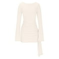 thumbnail image 4 of Hinvhai Women Fall Ruched Bodycon Drawstring Dress ,Fashion Solid Crew Neck Long Sleeve Casual Stretch Knit Tight Short Dresses White 4(S), 4 of 5