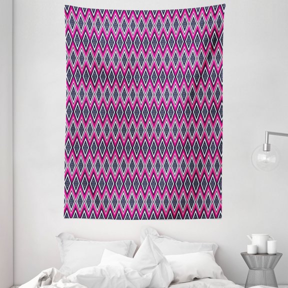 Ethnic Tapestry, Geometric Pattern Traditional Style Chevron Zigzags Pink Tone Stripes and Diamond, Wall Hanging for Bedroom Living Room Dorm Decor, 60W X 80L Inches, Multicolor, by Ambesonne