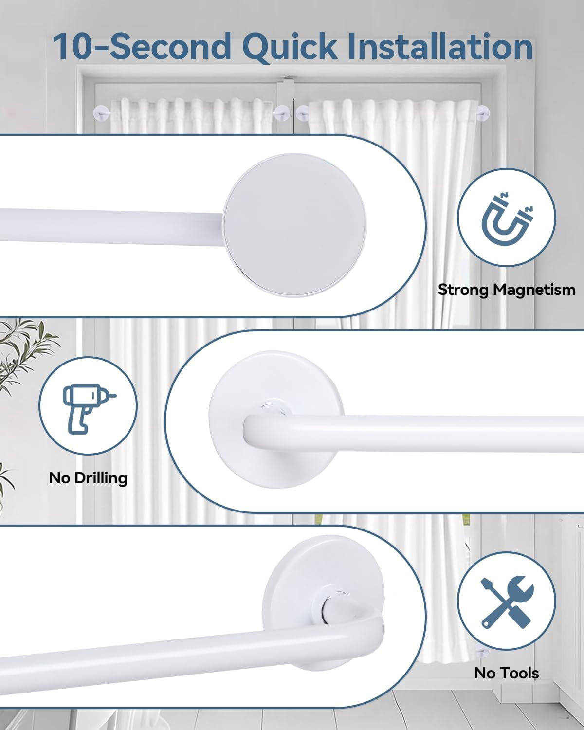 Sparklane -2 Pack Magnetic Curtain Rod for Metal Doors,French Door Magnetic Curtain Rods Adjustable from 18 to 30 Inch,3/8 Inch Diameter, Magnet Cafe Curtains Rod,No Tool and Easy Installation,White