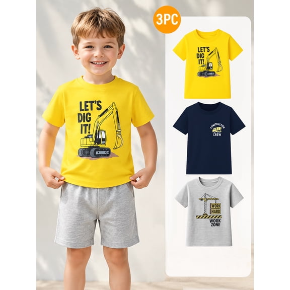 HILEELANG 2-7T Toddler/Little Boys Yellow/Grey/Navy Construction Trucks 100% Cotton T-Shirt 3-Pack, Size 5T