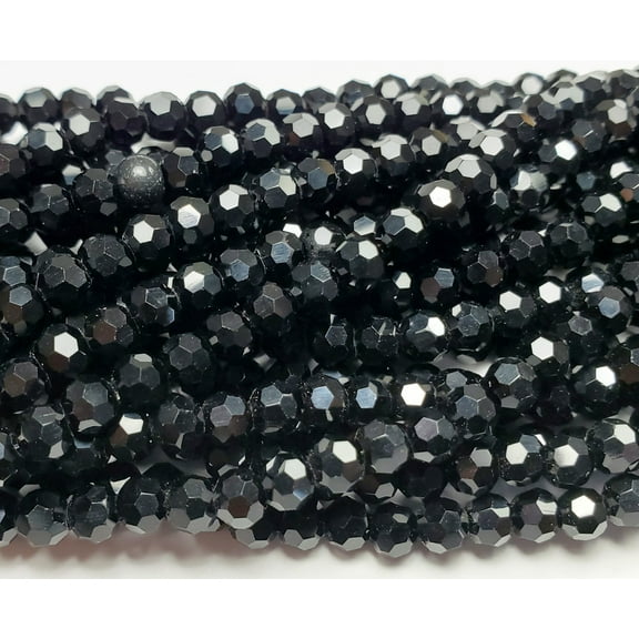 4mm 15 Inches Black Glass Faceted Round Beads ForJewelry Making