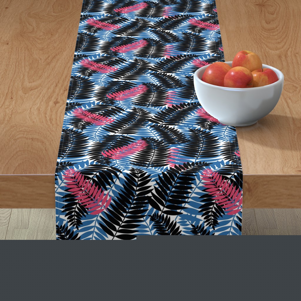 

Cotton Sateen Table Runner 90 - Blue Fern Pink Black Ferns Leaves Botanical Plants Dark Paradise Tropical Palm Modern Summer Print Custom Table Linens by Spoonflower