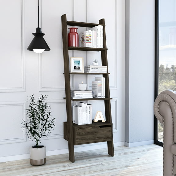 Brown Engineered Wood Office Bookcase - 5 Open Shelves And 1 Drawer, Quick Convenient Assembly Furniture Shelves, Wood, Easy Installation Process