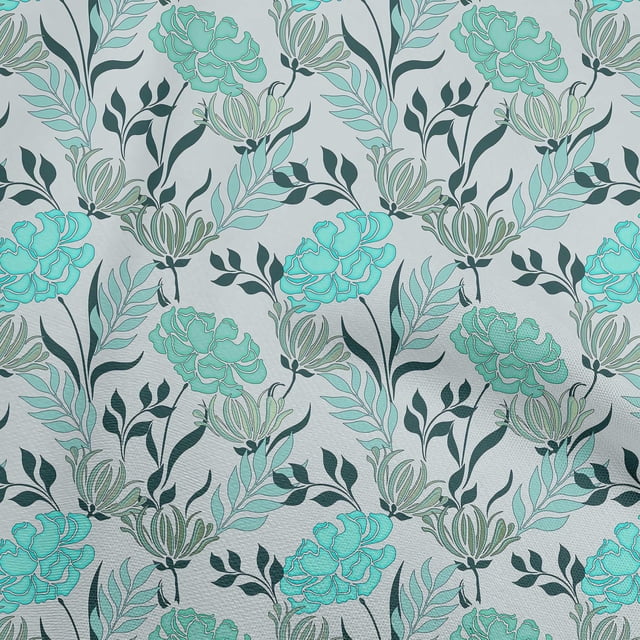 oneOone Popeline de Coton Sergé Tissu Vert Turquoise Floral Rétro Projets de Couture Tissu Imprimé au Mètre 56 Pouces de Large