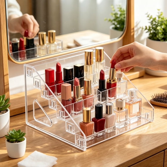 KGJQ 5/7 Tier Acrylic Display Stand with Fences, Perfume Stand Organizer, Makeup Organizer, Multifunctional Clear Display Shelf for Home Office