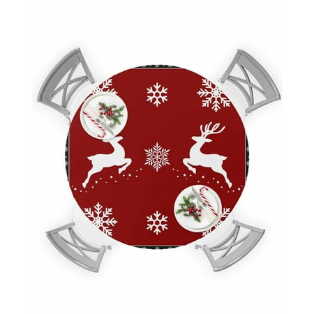 

Round Tablecloth with Elastic Christmas Elk Snowflake Plaid Border Waterproof Stain-proof Table Cover Wipeable Fitted Table Cloths for 55 -60 Round Tables Dining Kitchen Indoor Outdoor Use